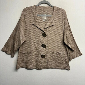Produce Company Tan Jacket Sweater Cardigan M Lagenlook Waffle Knit